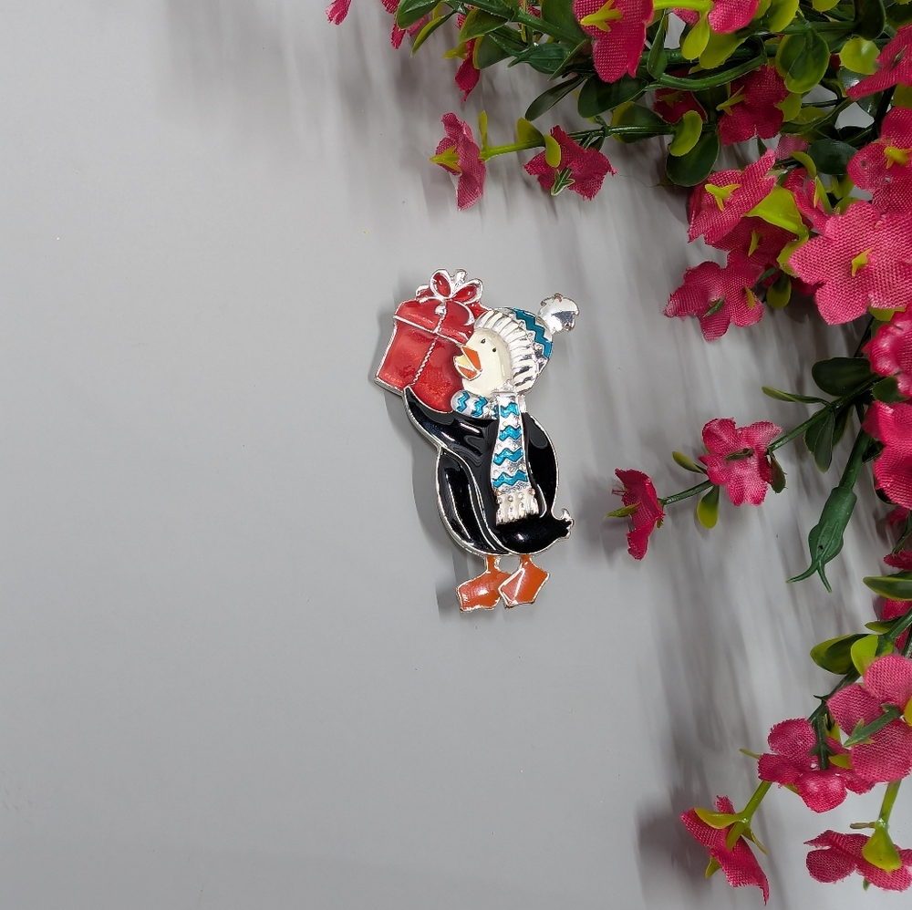Adorable Penguin With Gift Vintage Y2K Brooch